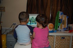things of note; Evan's underwear, Sophie's pony tail, calliou on computer